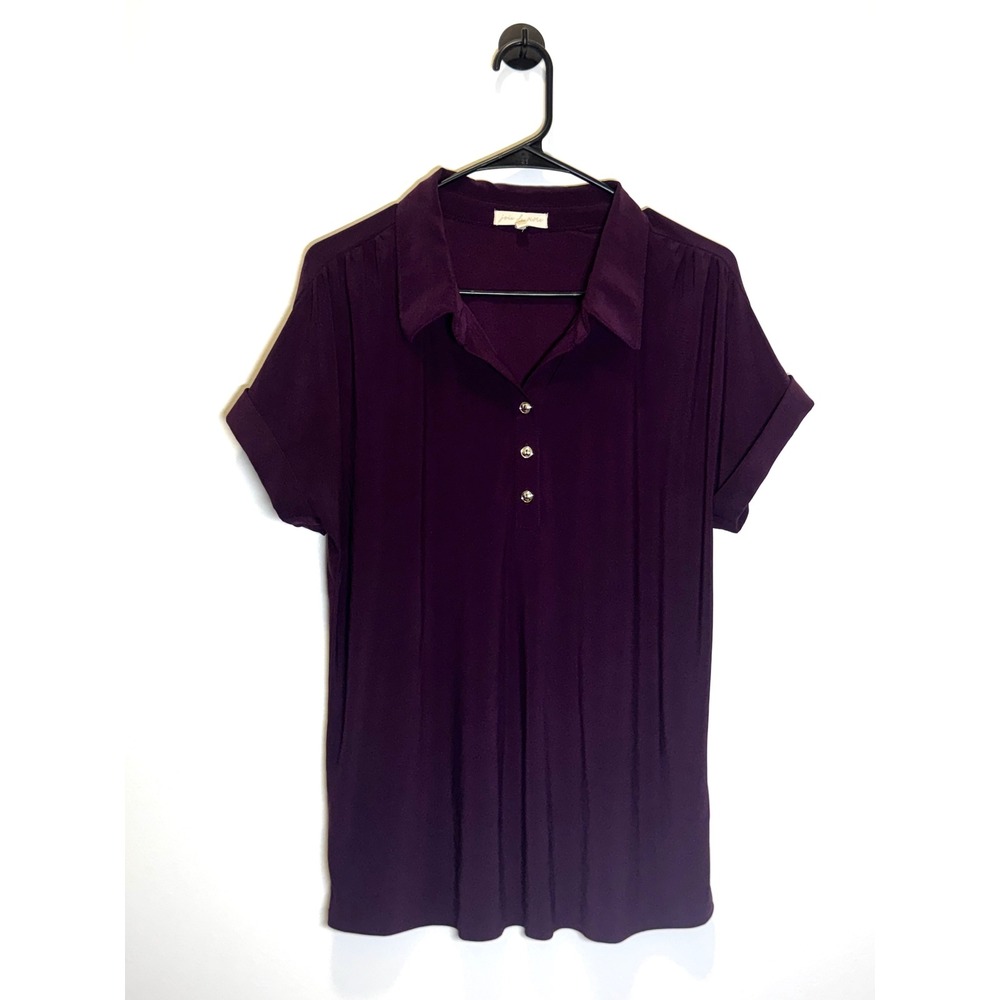Joie De Vivre Womens XL Purple Short Sleeve Henley Polo Blouse Cuffed